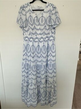 crown & ivy White Maxi Dress with Blue Eyelet Pattern
